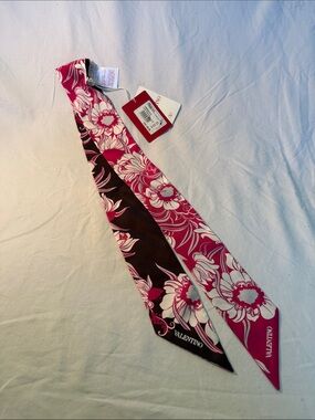 Valentino Pink & Dark Brown Floral Silk Twilly Scarf